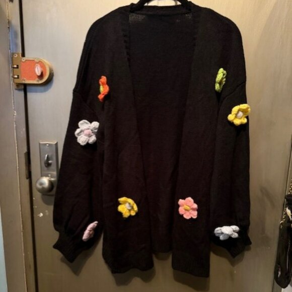 Retro Boho Floral Patched Drop Shoulder Open front Sweater Cardigan - NWOT - Picture 4 of 16